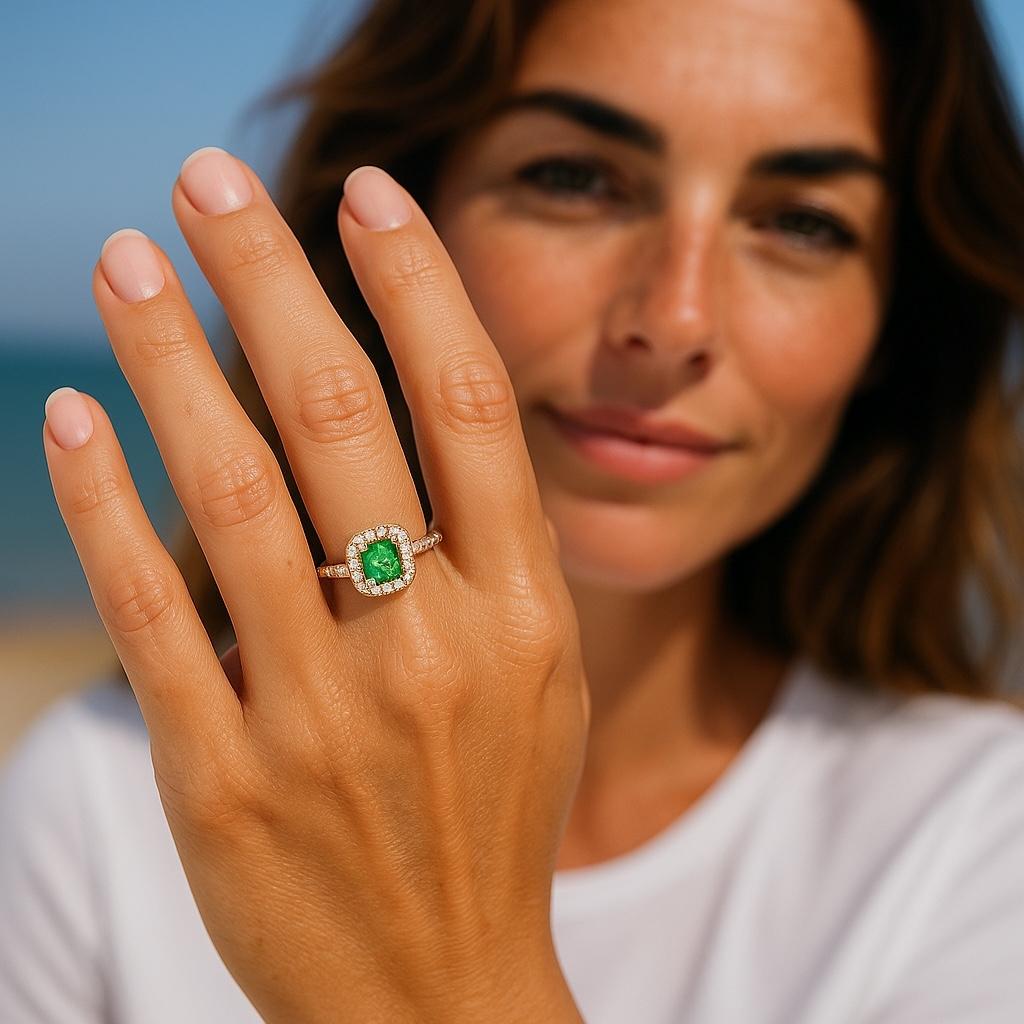 Contemporary Emerald Shaped Emerald Diamond 1.45 Carat Halo 18 Karat Yellow Gold Ring For Sale