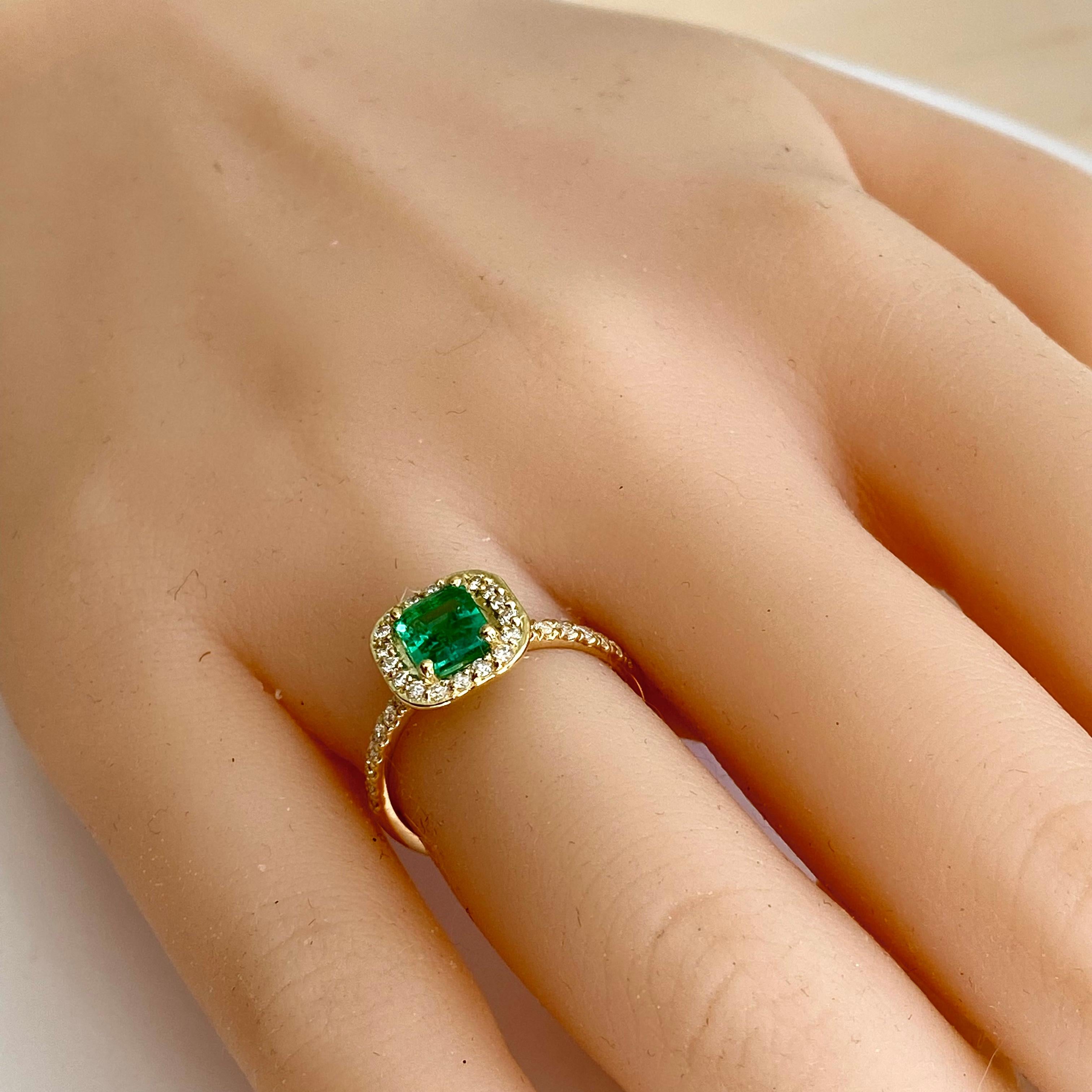 Emerald Cut Emerald Shaped Emerald Diamond 1.45 Carat Halo 18 Karat Yellow Gold Ring For Sale