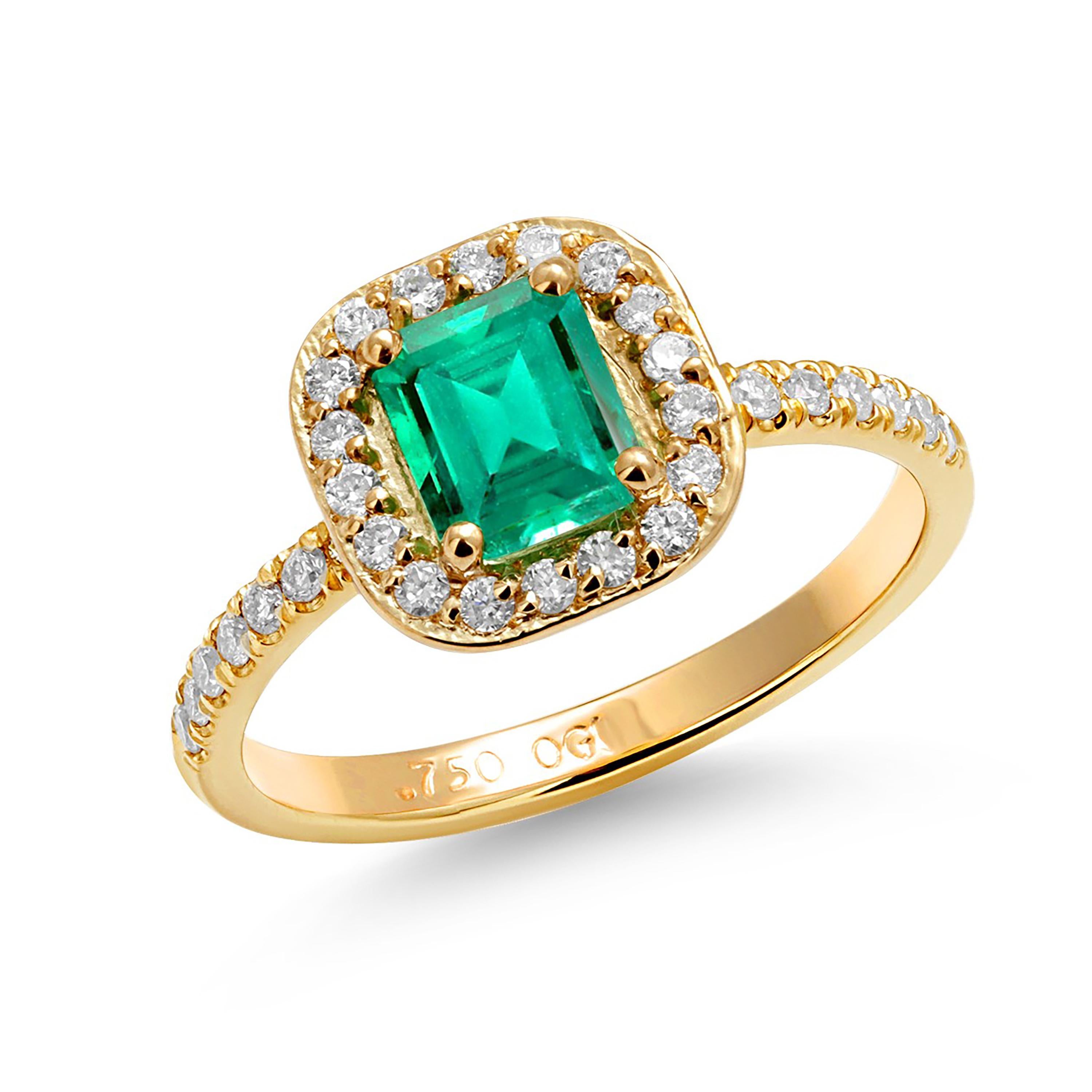 Women's Emerald Shaped Emerald Diamond 1.45 Carat Halo 18 Karat Yellow Gold Ring For Sale