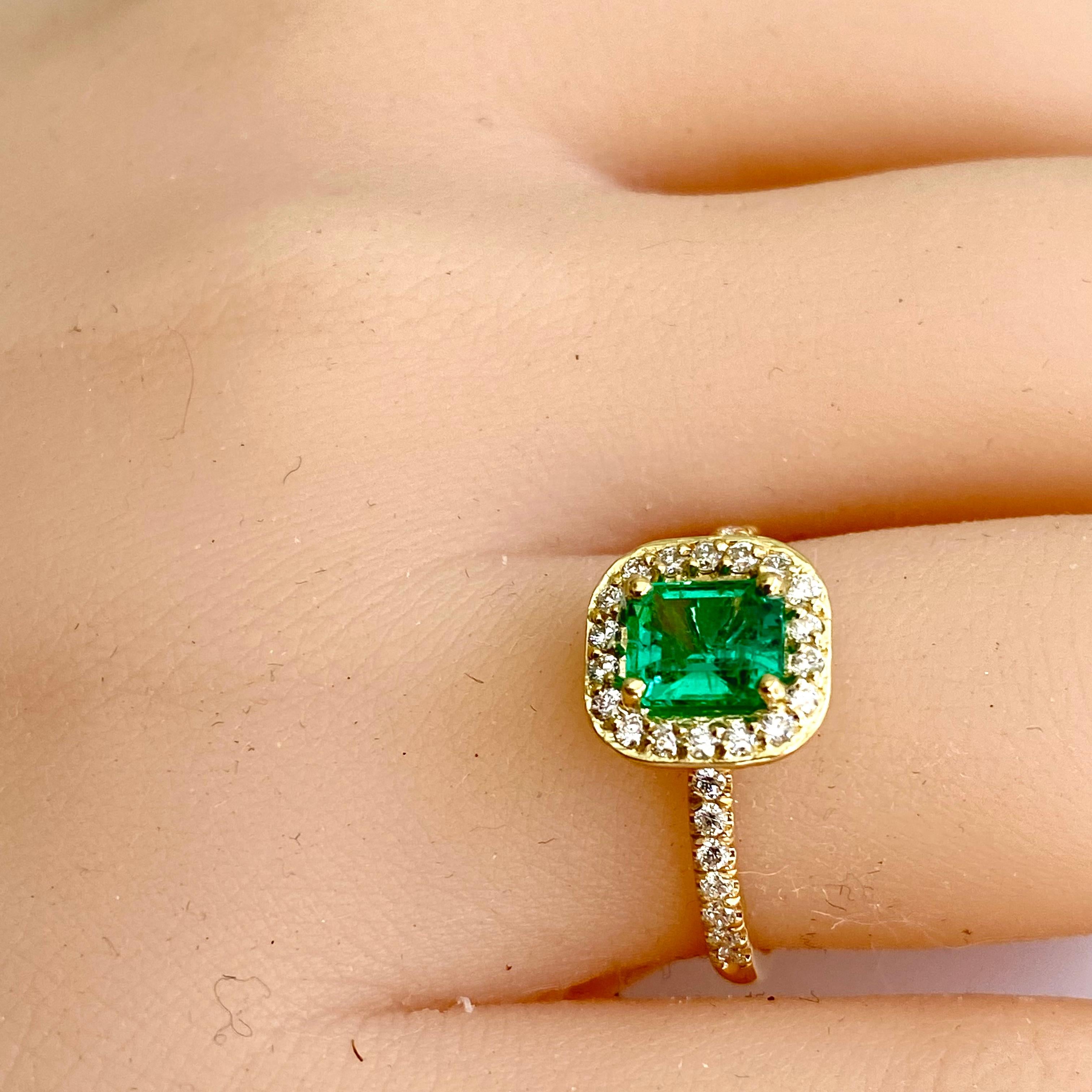 Emerald Shaped Emerald Diamond 1.45 Carat Halo 18 Karat Yellow Gold Ring For Sale 1