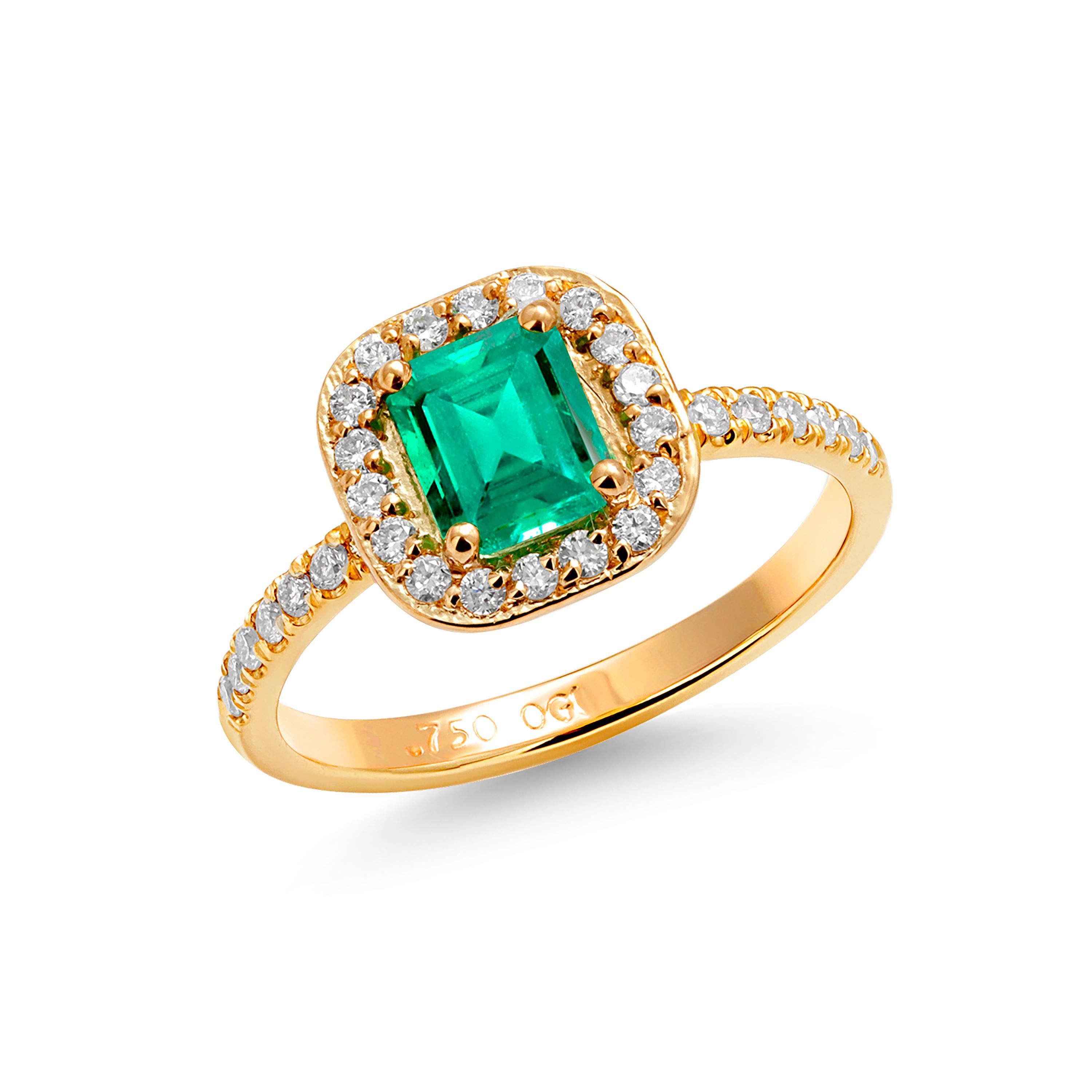 Smaragdförmiger Smaragd-Diamant-Ring aus 18 Karat Gelbgold mit 1,45 Karat Halo im Angebot 2