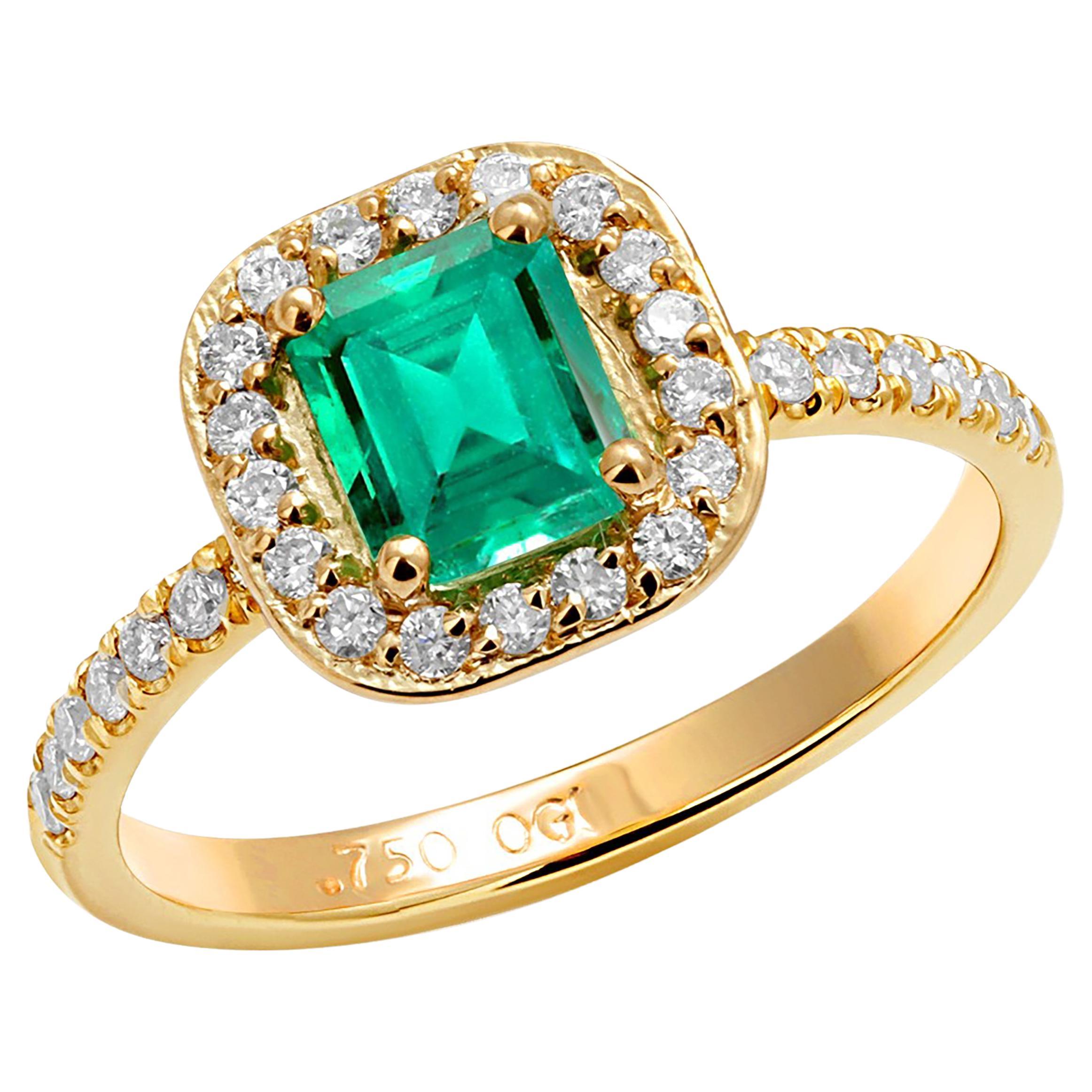 Emerald Shaped Emerald Diamond 1.45 Carat Halo 18 Karat Yellow Gold Ring For Sale