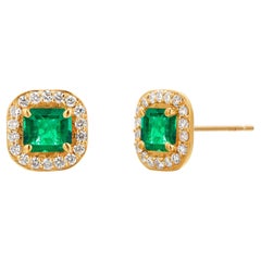 Emerald Shaped Emerald Diamond 1.85 Carat Halo Yellow Gold 0.40 Inch Earrings