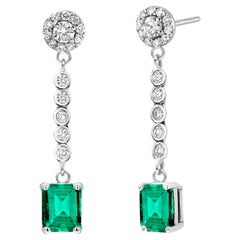 Emerald Shaped Emerald Diamond 3.10 Carat Cluster White Gold 1.25 Inch Earrings 