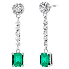 Emerald Shaped Emerald Diamond 3.10 Carat Cluster White Gold 1.25 Inch Earrings