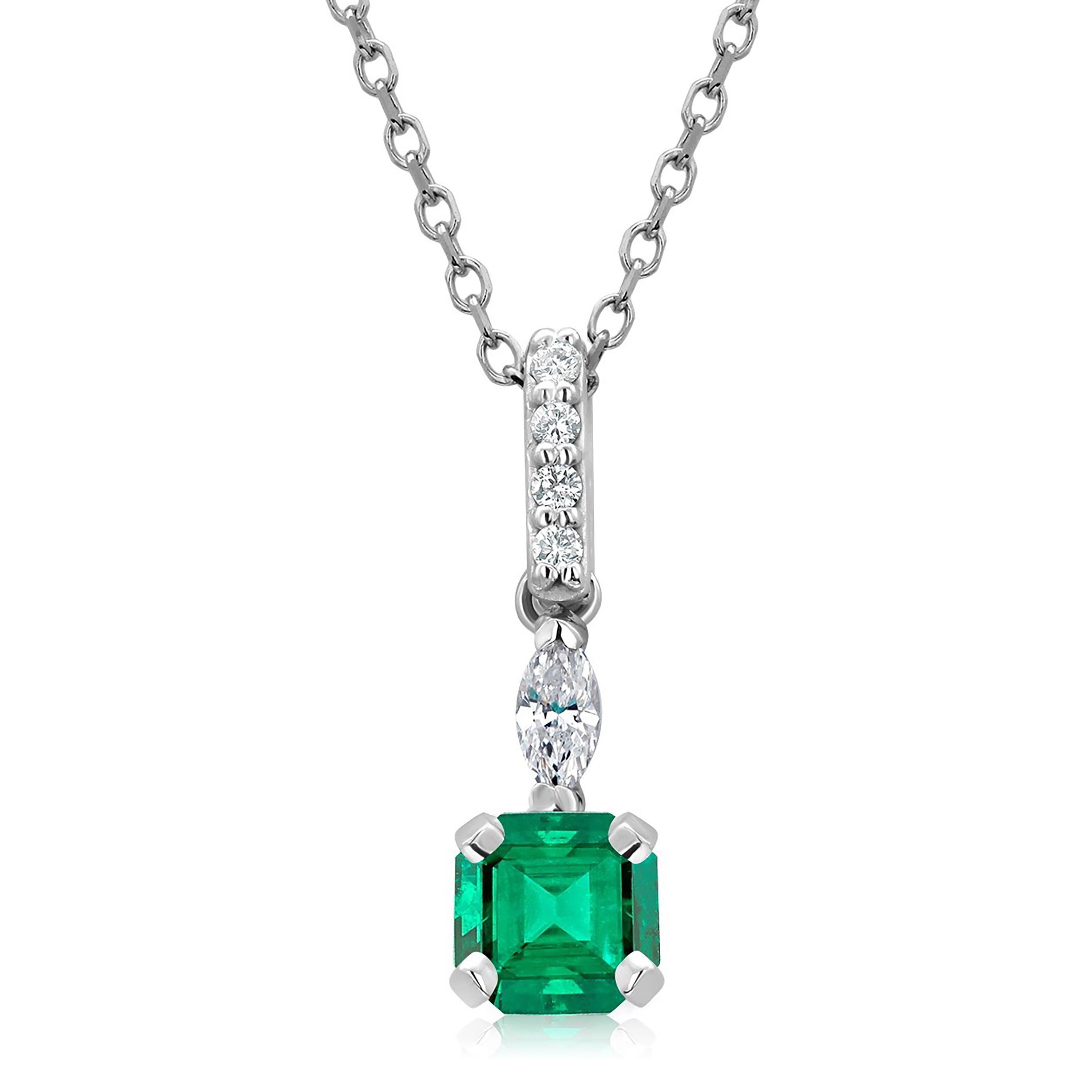 Emerald Shaped Emerald Marquise Diamond Diamond Bail Gold Pendant Necklace In New Condition In New York, NY