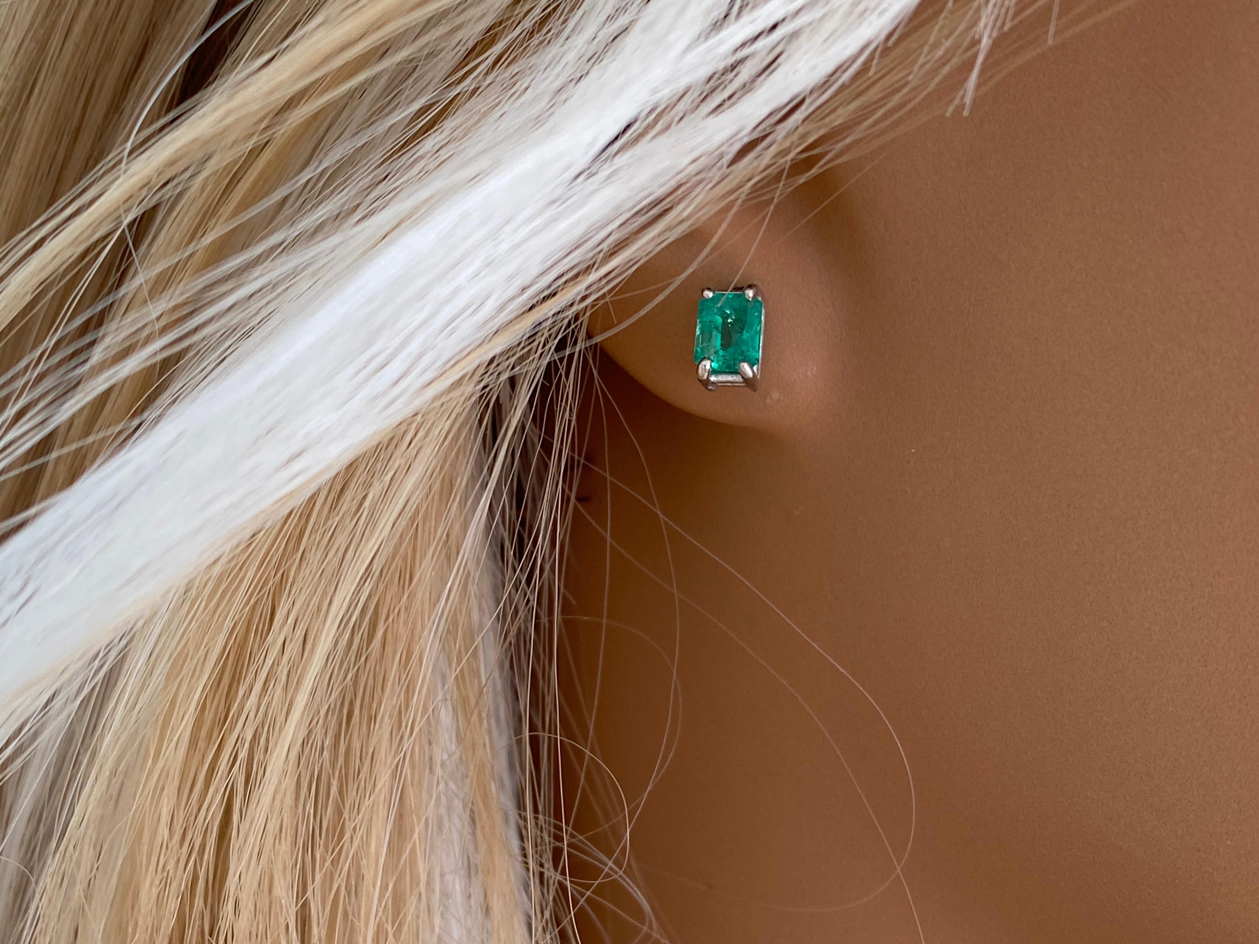 Emerald Shaped Emerald White Gold Stud Earrings  In New Condition In New York, NY