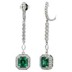 14K White Gold Emerald Halo Diamond Lariat Earrings, 2.40ct Emeralds