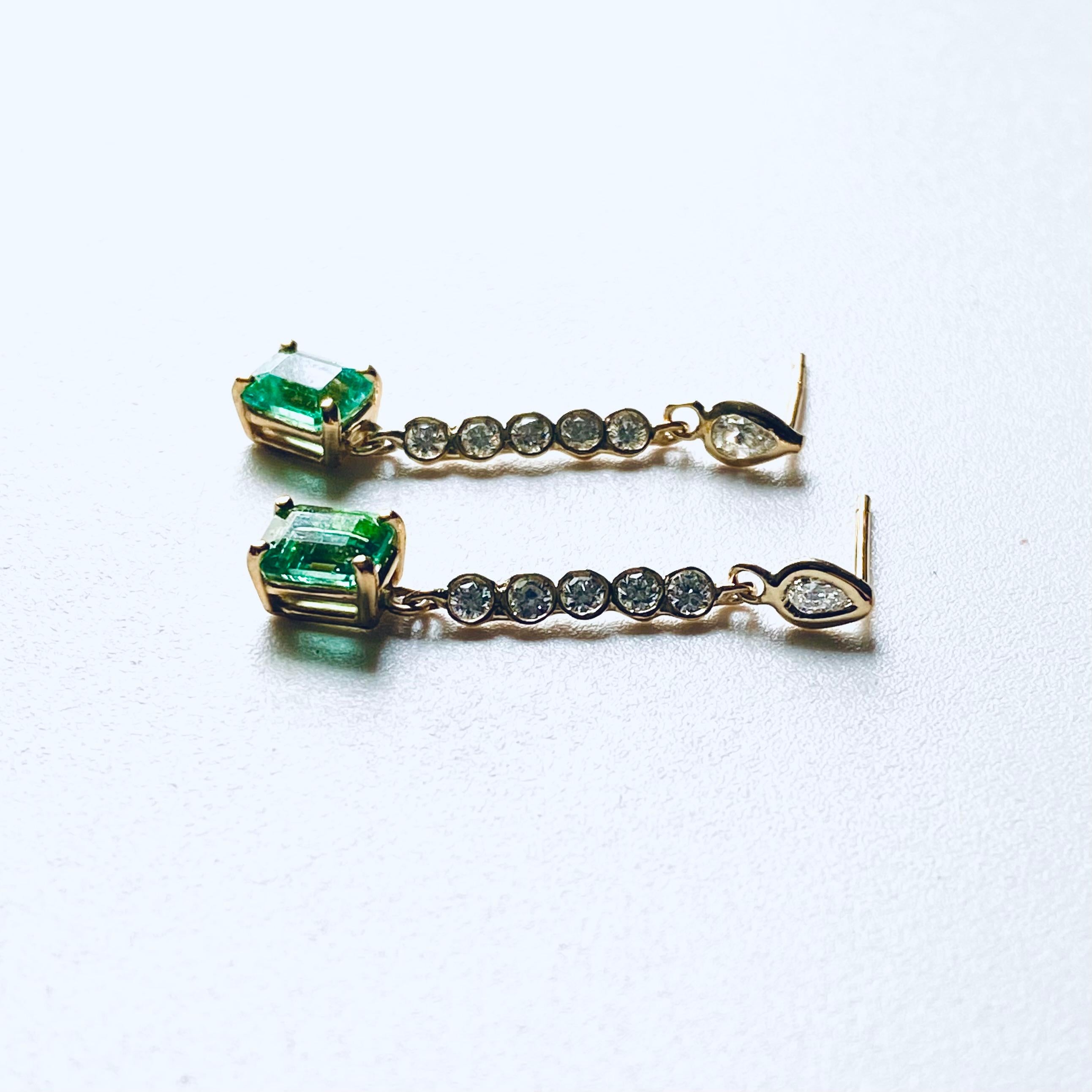 Emerald Shaped Emerald Pear Diamond Diamond 2 Carat Linear Yellow Gold Earrings 1