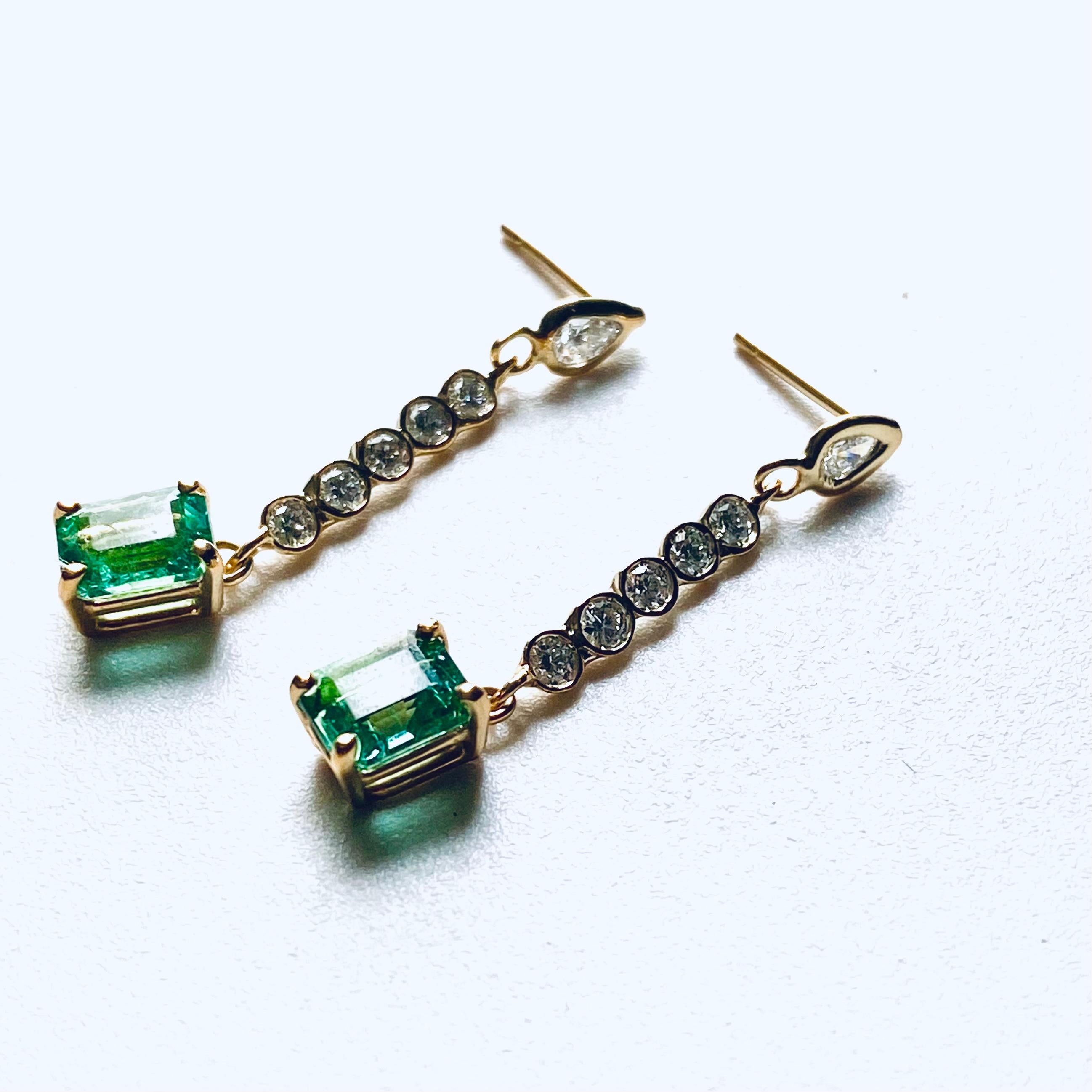 Emerald Shaped Emerald Pear Diamond Diamond 2 Carat Linear Yellow Gold Earrings 2