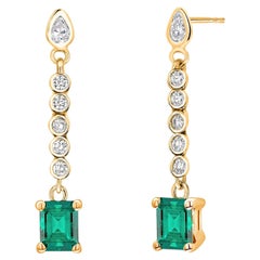 Emerald Shaped Emerald Pear Diamond Diamond 2 Carat Linear Yellow Gold Earrings