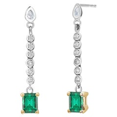 Emerald Shaped Emeralds Pear Diamonds and Diamond Linear Drops Gold Earrings