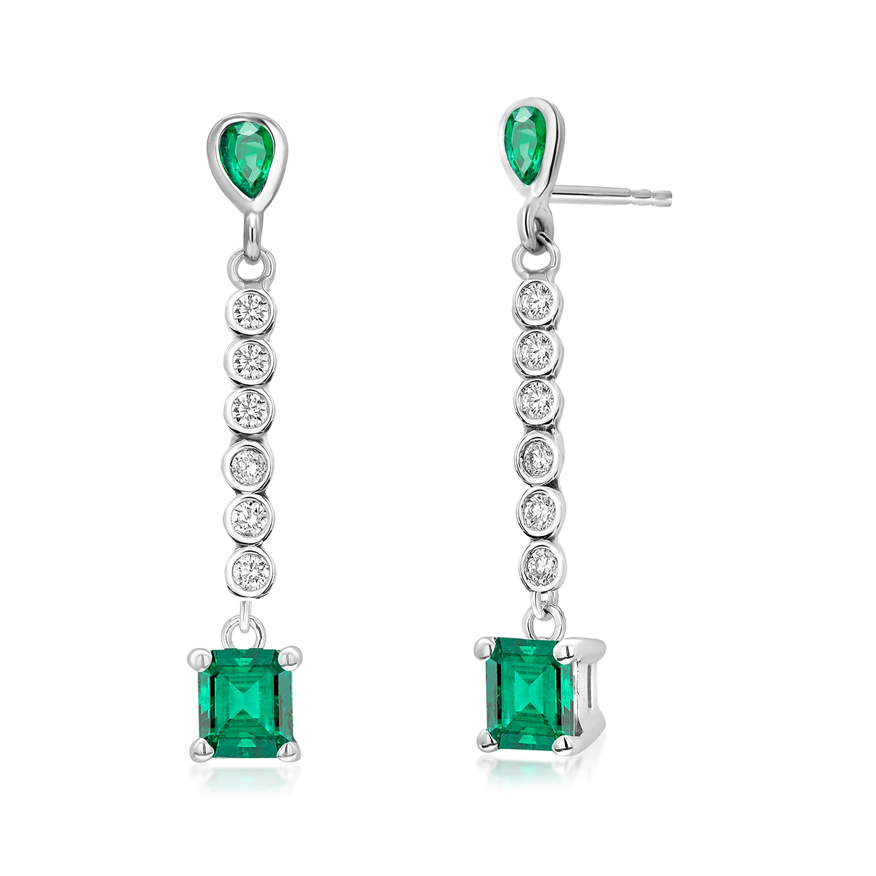 Contemporary Emerald Shaped Emeralds Pear Emeralds and Diamond Linear Drops Gold Earrings