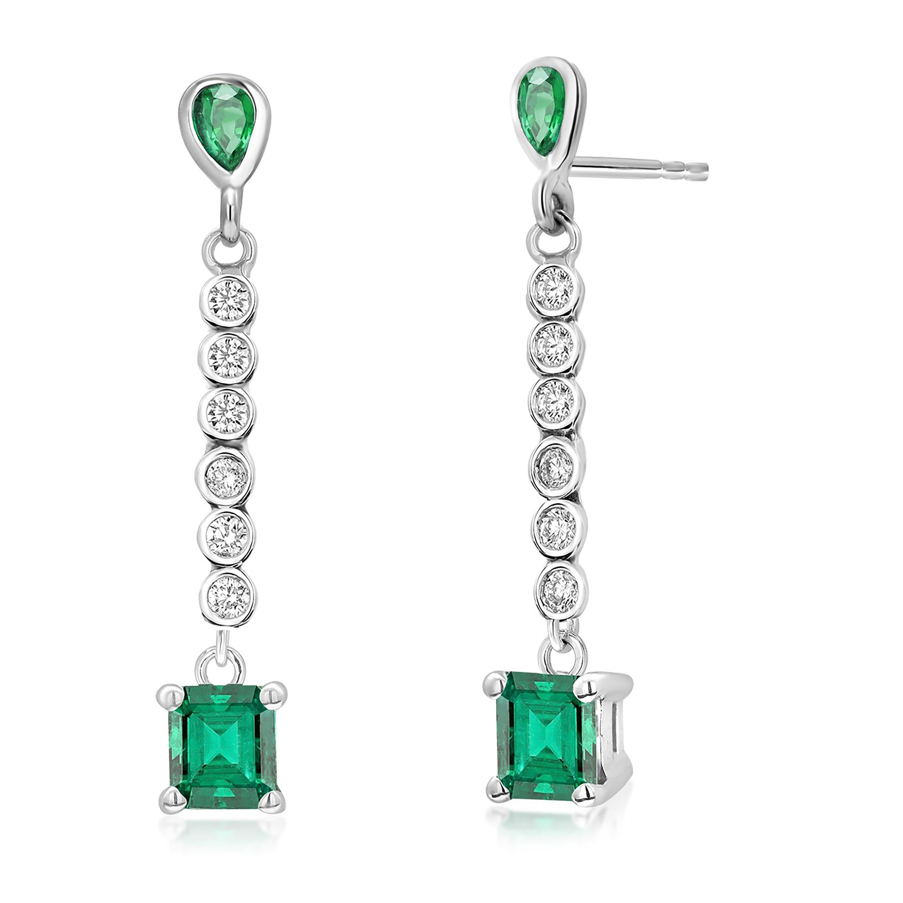 Emerald Shaped Emeralds Pear Emeralds and Diamond Linear Drops Gold Earrings In New Condition In New York, NY