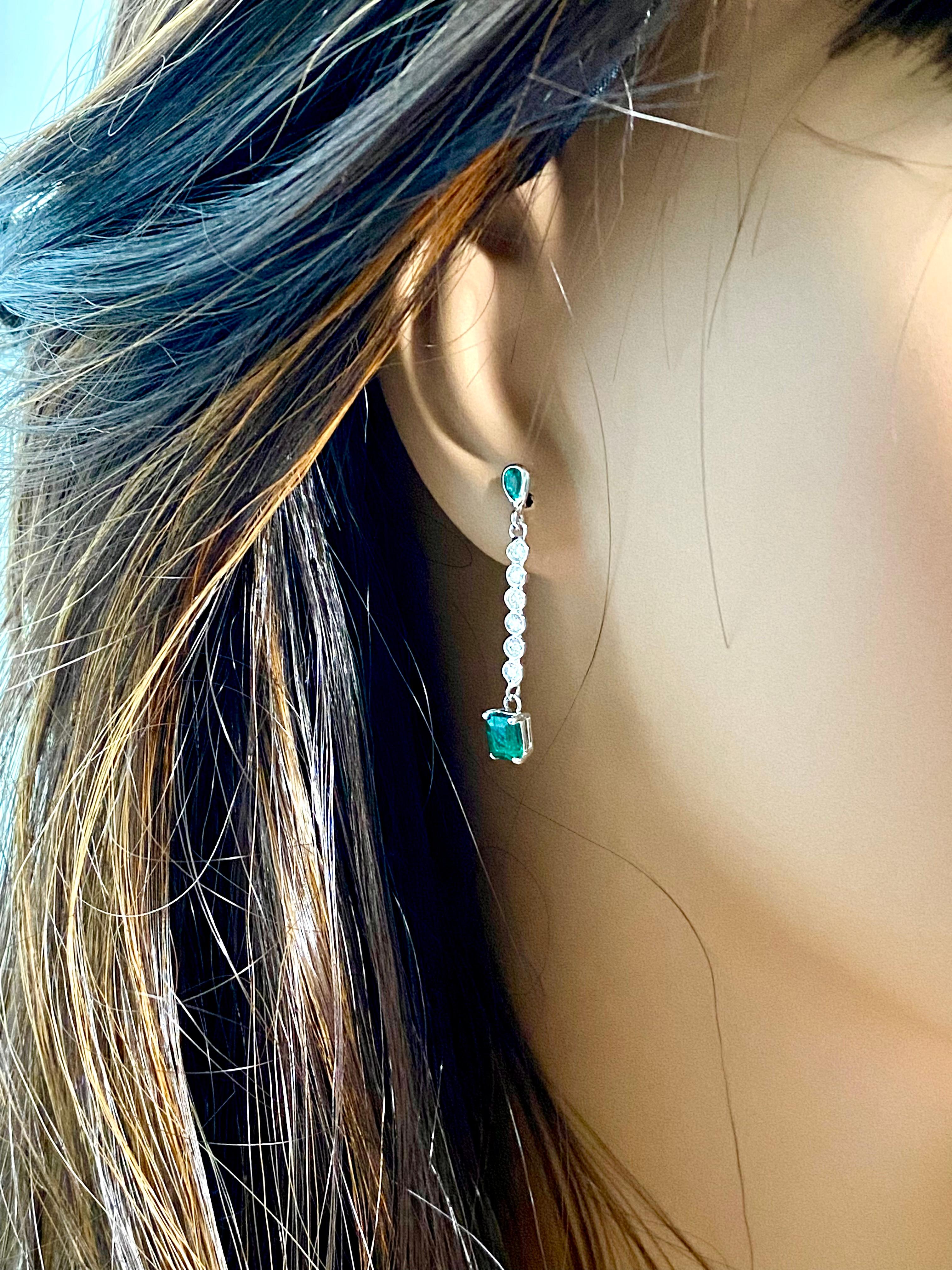 Women's or Men's Emerald Shaped Emeralds Pear Emeralds and Diamond Linear Drops Gold Earrings