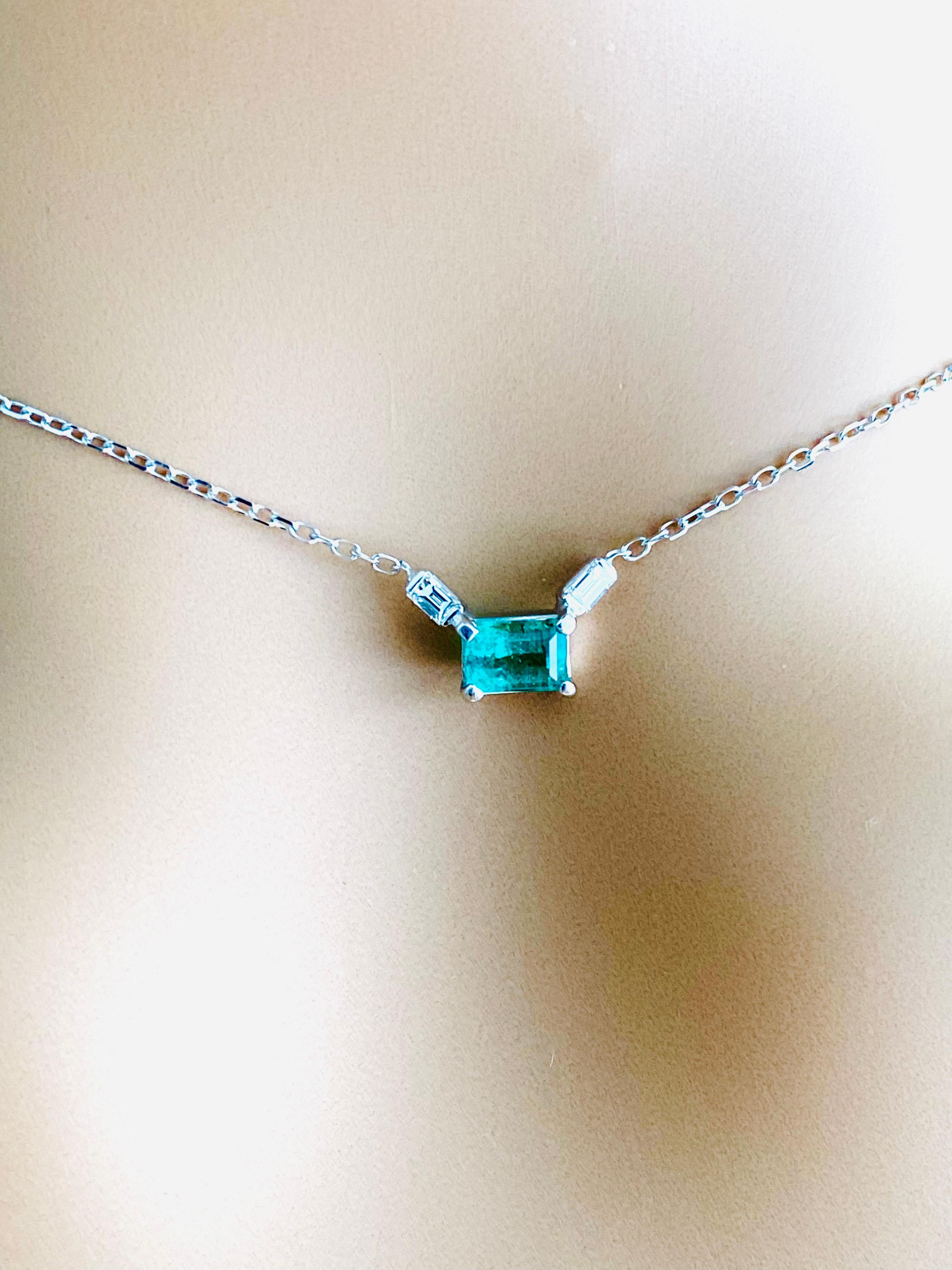 Emerald Cut Emerald Shaped Emeralds Two Baguette Diamonds White Gold Drop Pendant Necklace