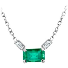 Emerald Shaped Emeralds Two Baguette Diamonds White Gold Drop Pendant Necklace