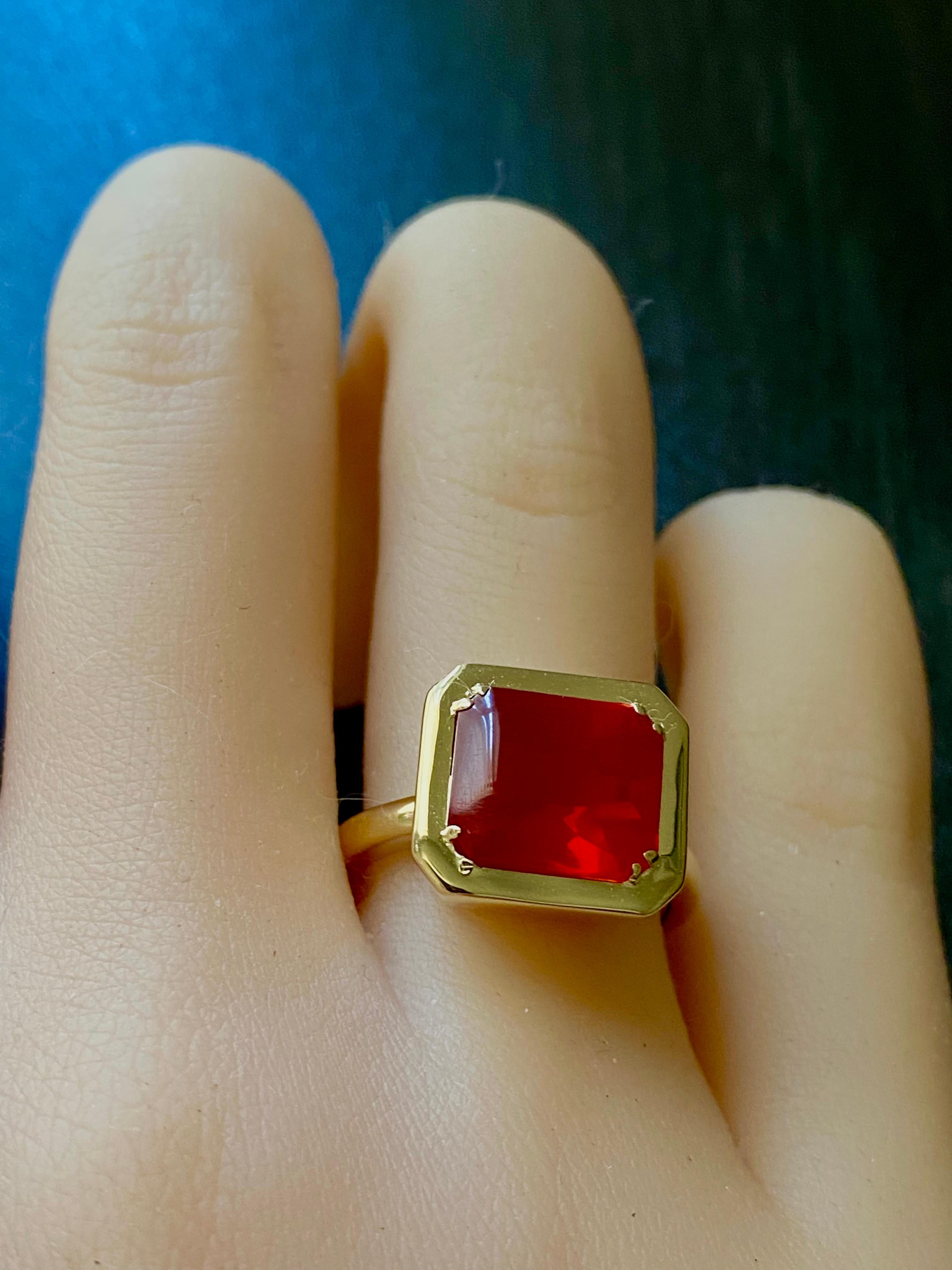 Emerald Shaped Fire Opal 2.70 Carat Bezel Set Dome Yellow Gold Ring Size 6 For Sale 2