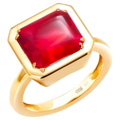 Opale de feu en forme d'émeraude 2.70 carats bague en or jaune Dome taille 6