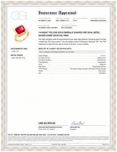 Emerald Shaped Fire Opal Bezel Raised Dome Yellow Gold Cocktail Ring