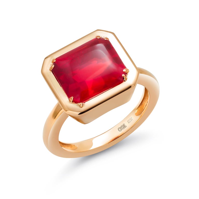 Emerald Cut Emerald Shaped Fire Opal Bezel Raised Dome Yellow Gold Cocktail Ring For Sale