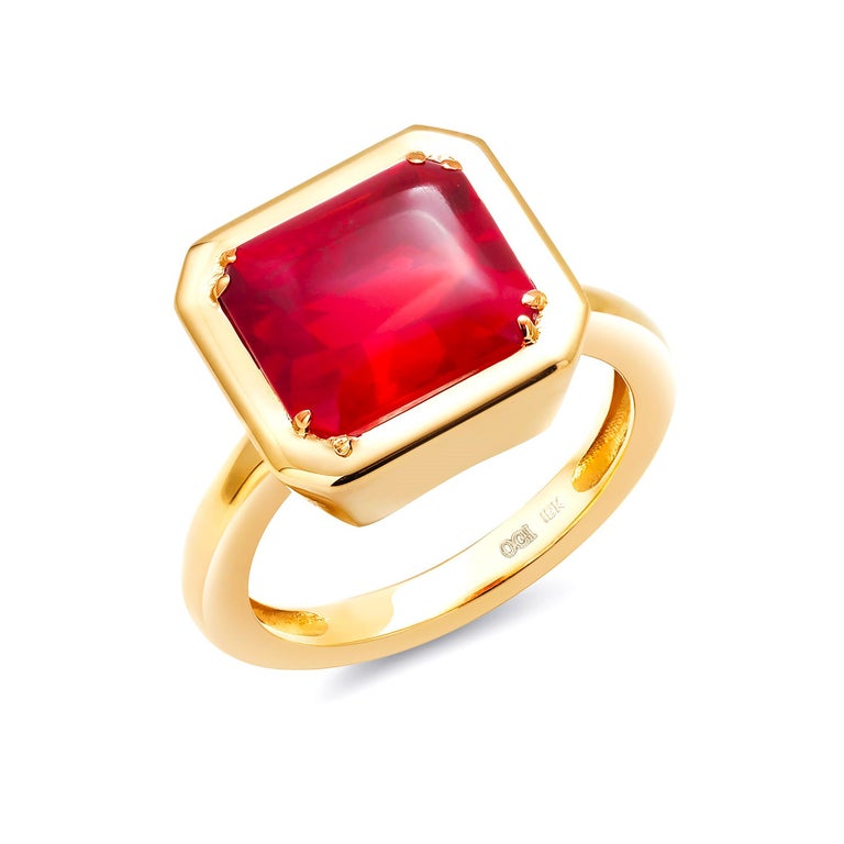 Emerald Shaped Fire Opal Bezel Raised Dome Yellow Gold Cocktail Ring For Sale 3