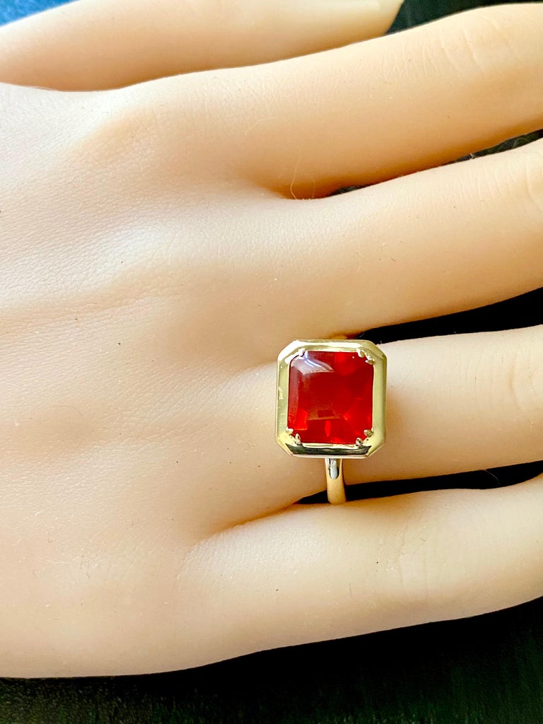 Emerald Shaped Fire Opal Bezel Raised Dome Yellow Gold Cocktail Ring For Sale 4