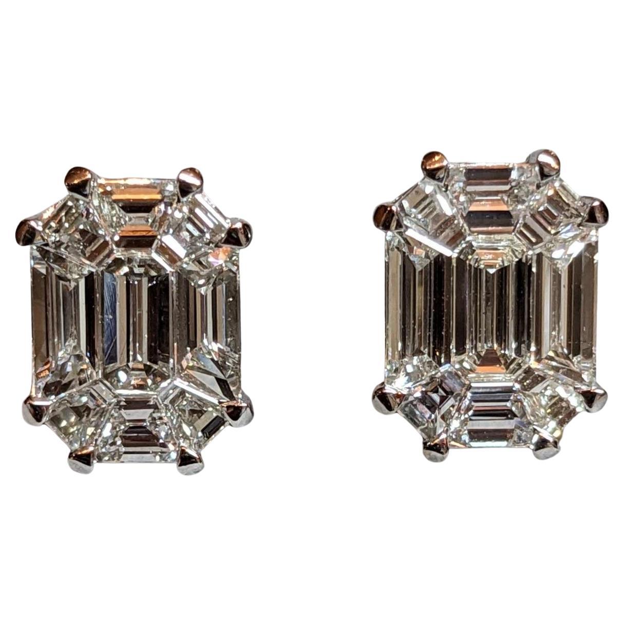 Emerald Shaped Illusion Set Diamond Stud Earrings, 1.61cttw in 18k Gold For Sale