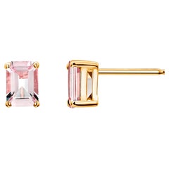 Emerald Shaped Morganite Set in Yellow Gold Stud Earrings Weighing 1.60 Carats