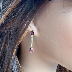 Emerald Shaped Ruby Four Marquise Diamond 3 Carat 1.35 Inch Yellow Gold Earrings