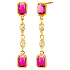 Emerald Shaped Ruby Four Marquise Diamond 3 Carat 1.35 Inch Yellow Gold Earrings