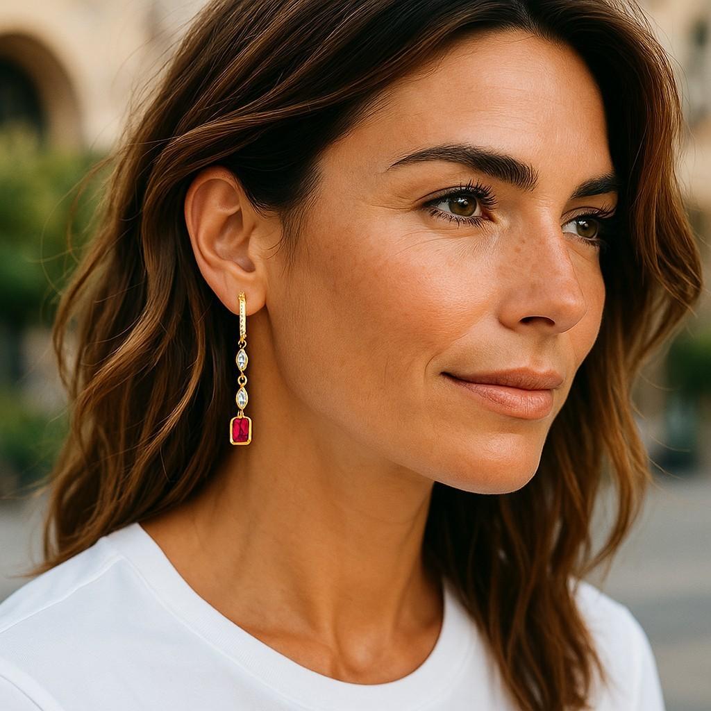 Emerald Cut Emerald Shaped Ruby Marquise Diamond 2 Carat Shepherd 1.65 Inch Gold Earrings For Sale