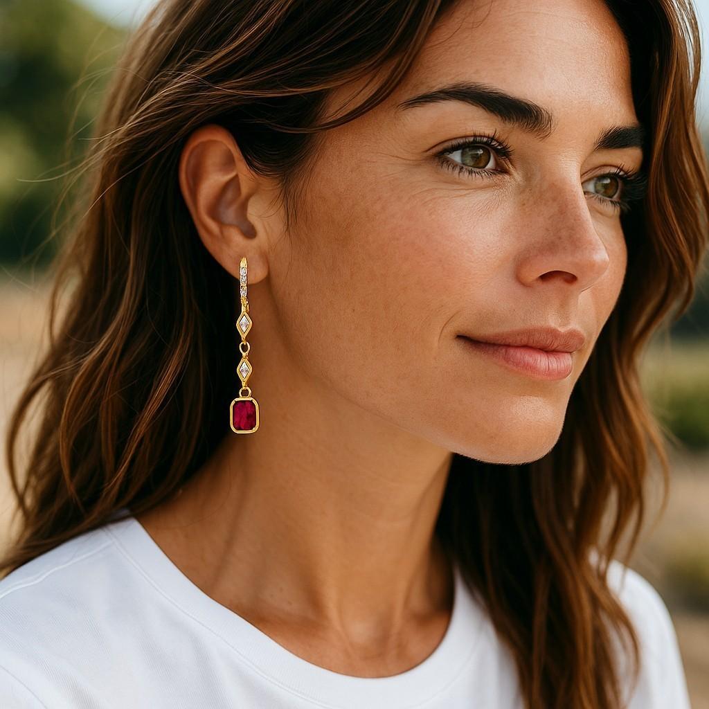 Women's Emerald Shaped Ruby Marquise Diamond 2 Carat Shepherd 1.65 Inch Gold Earrings For Sale