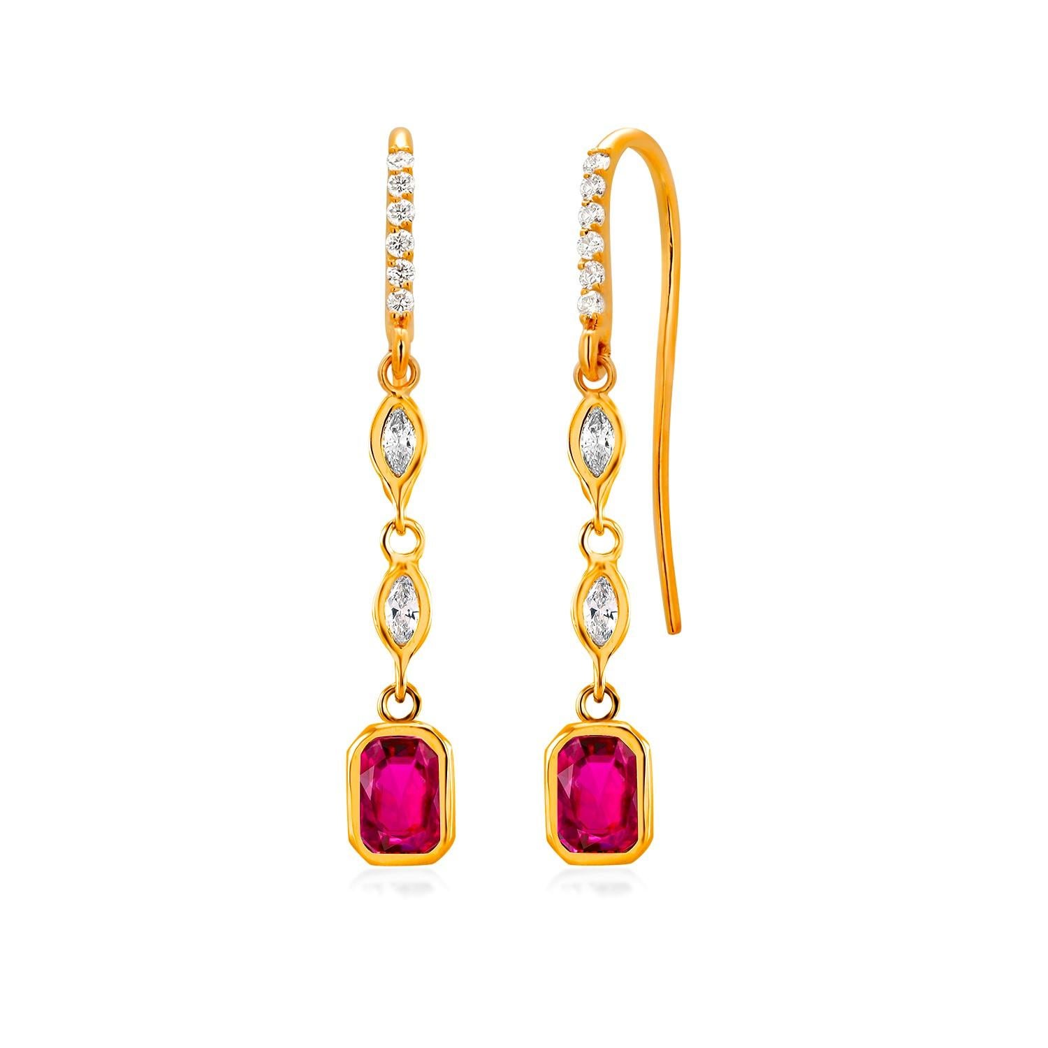 Emerald Shaped Ruby Marquise Diamond 2 Carat Shepherd 1.65 Inch Gold Earrings  For Sale 1
