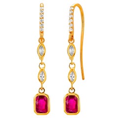 Emerald Shaped Ruby Marquise Diamond 2 Carat Shepherd 1.65 Inch Gold Earrings