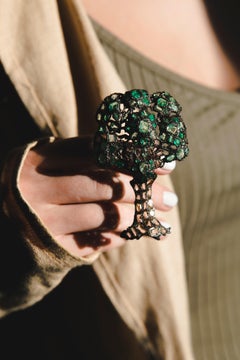 Emerald Silver Gold Tree Organic Brooch, 19th Century