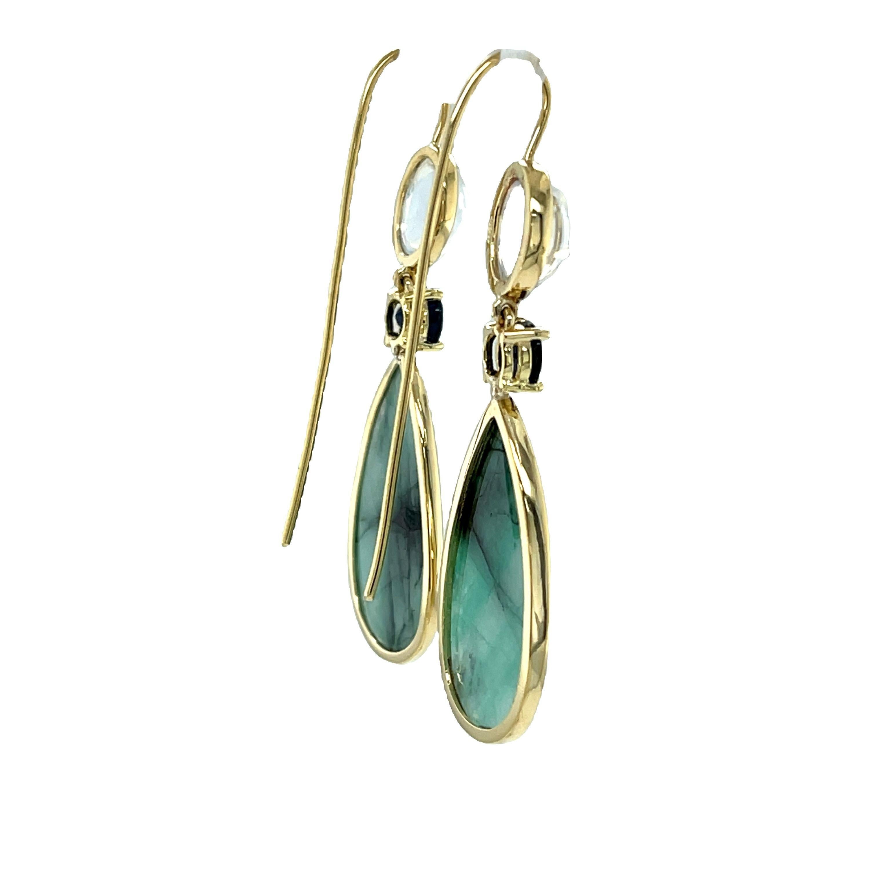 Artisan Emerald, Sapphire, and Rainbow Moonstone Yellow Gold Dangle Earrings