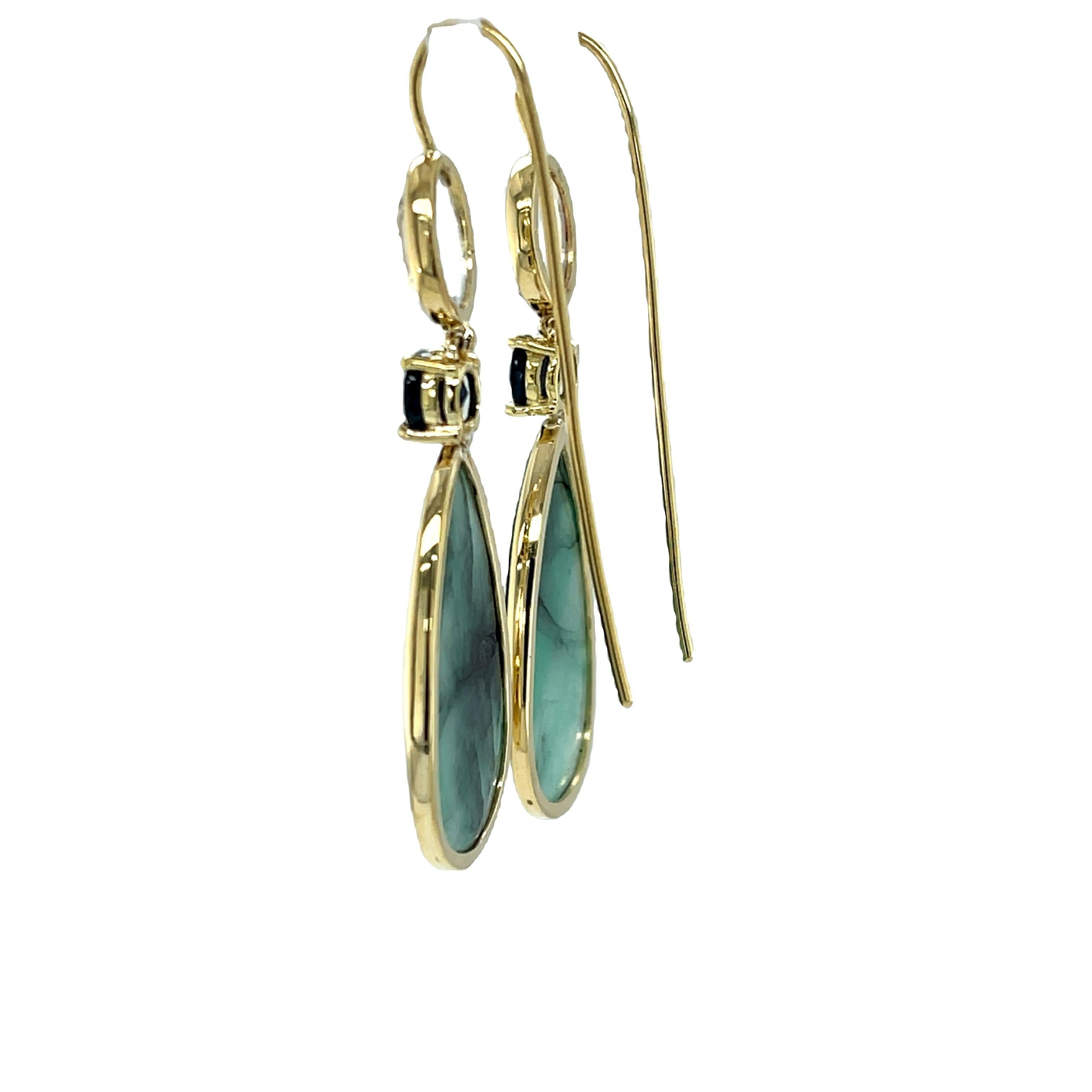 Emerald, Sapphire, and Rainbow Moonstone Yellow Gold Dangle Earrings In New Condition In Los Angeles, CA
