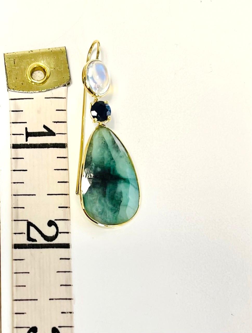 Women's Emerald, Sapphire, and Rainbow Moonstone Yellow Gold Dangle Earrings