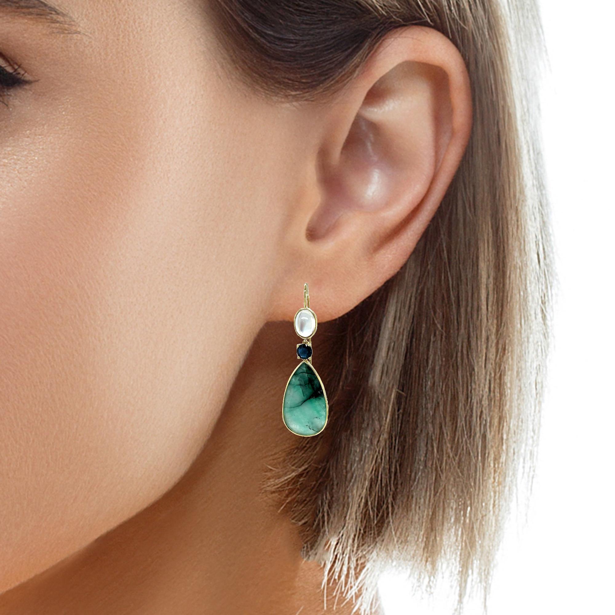 Emerald, Sapphire, and Rainbow Moonstone Yellow Gold Dangle Earrings 1