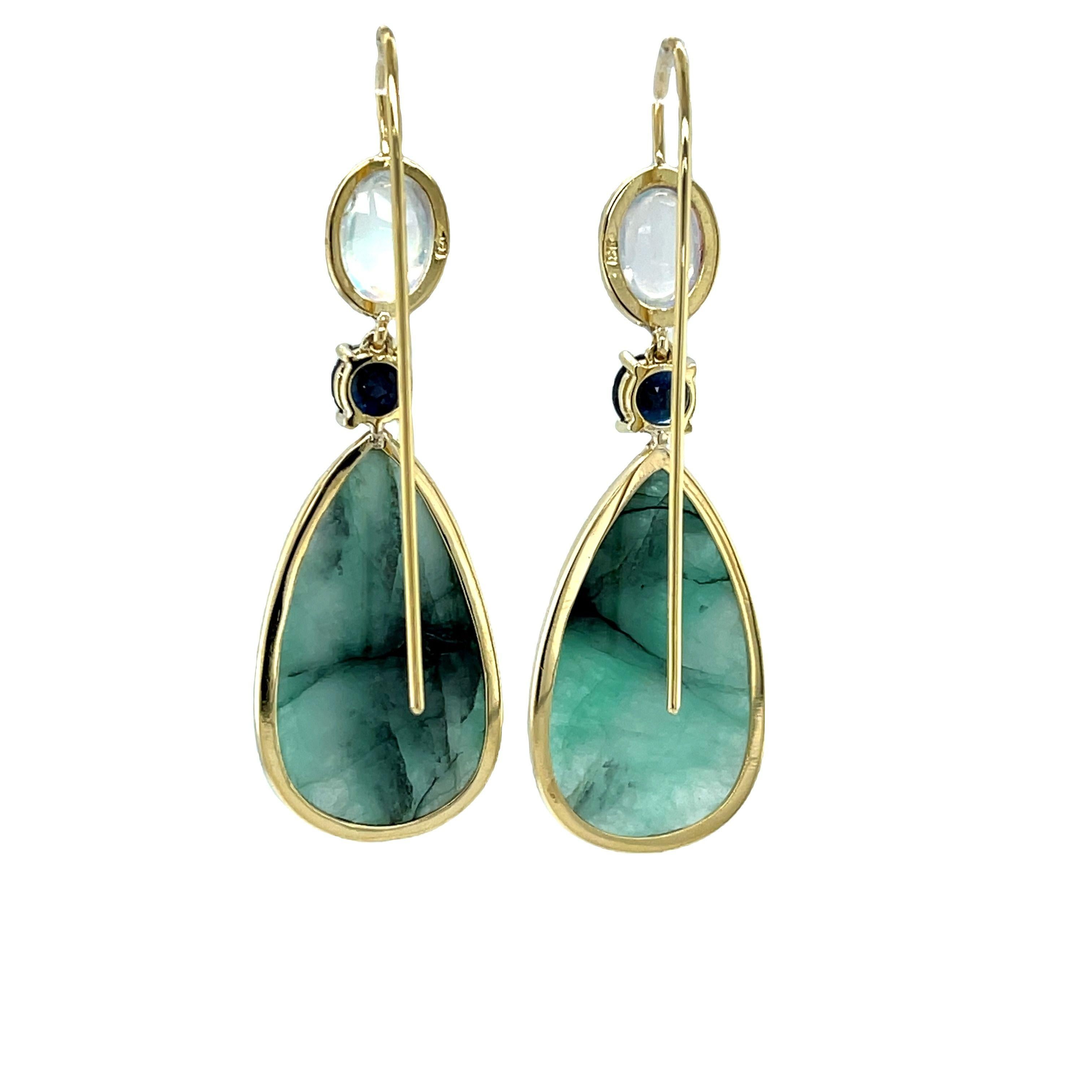 Emerald, Sapphire, and Rainbow Moonstone Yellow Gold Dangle Earrings 2