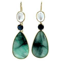 Emerald, Sapphire, and Rainbow Moonstone Yellow Gold Dangle Earrings