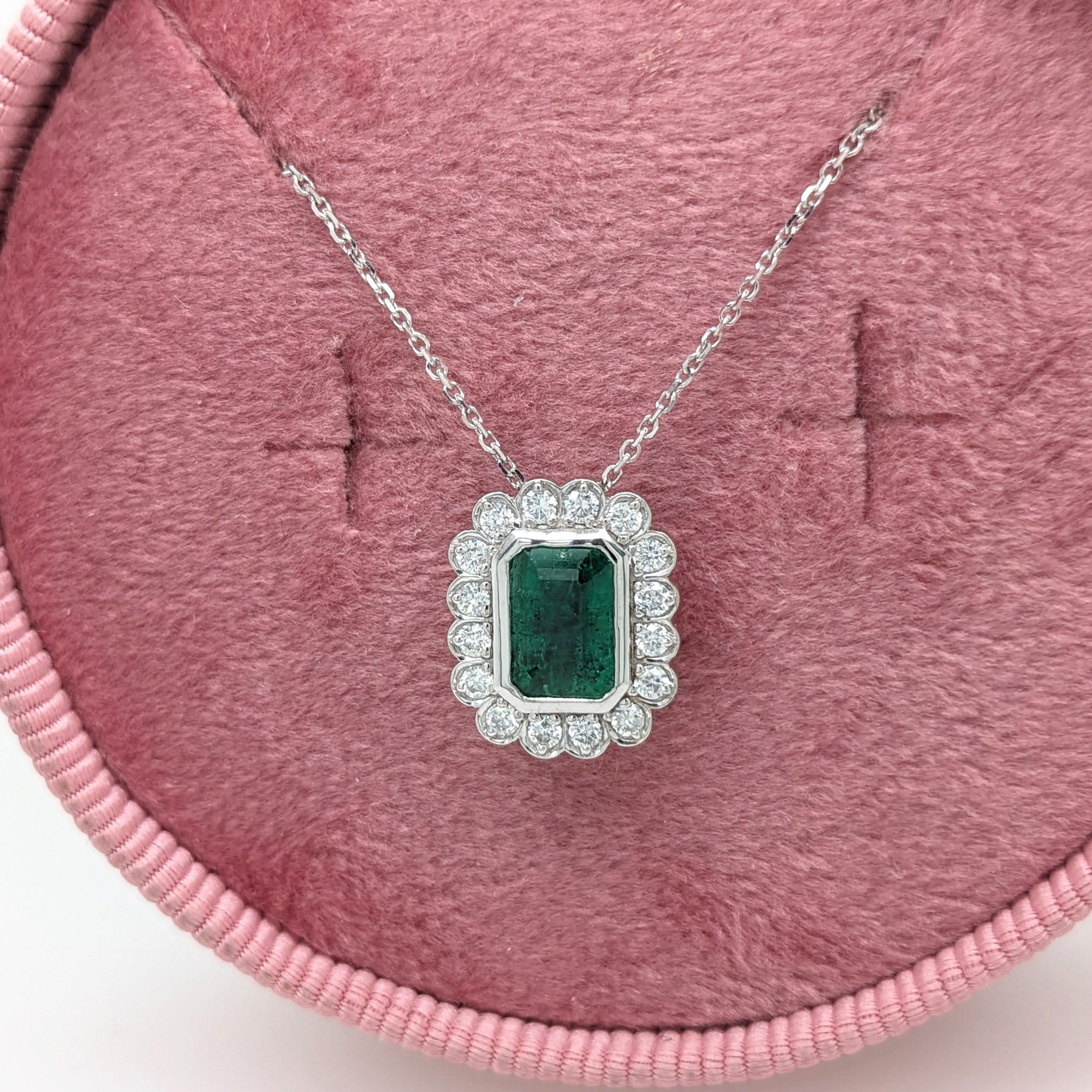 Modern Emerald Slide Pendant Necklace w Natural Diamonds in Solid 14k White Gold EM 7x5 For Sale