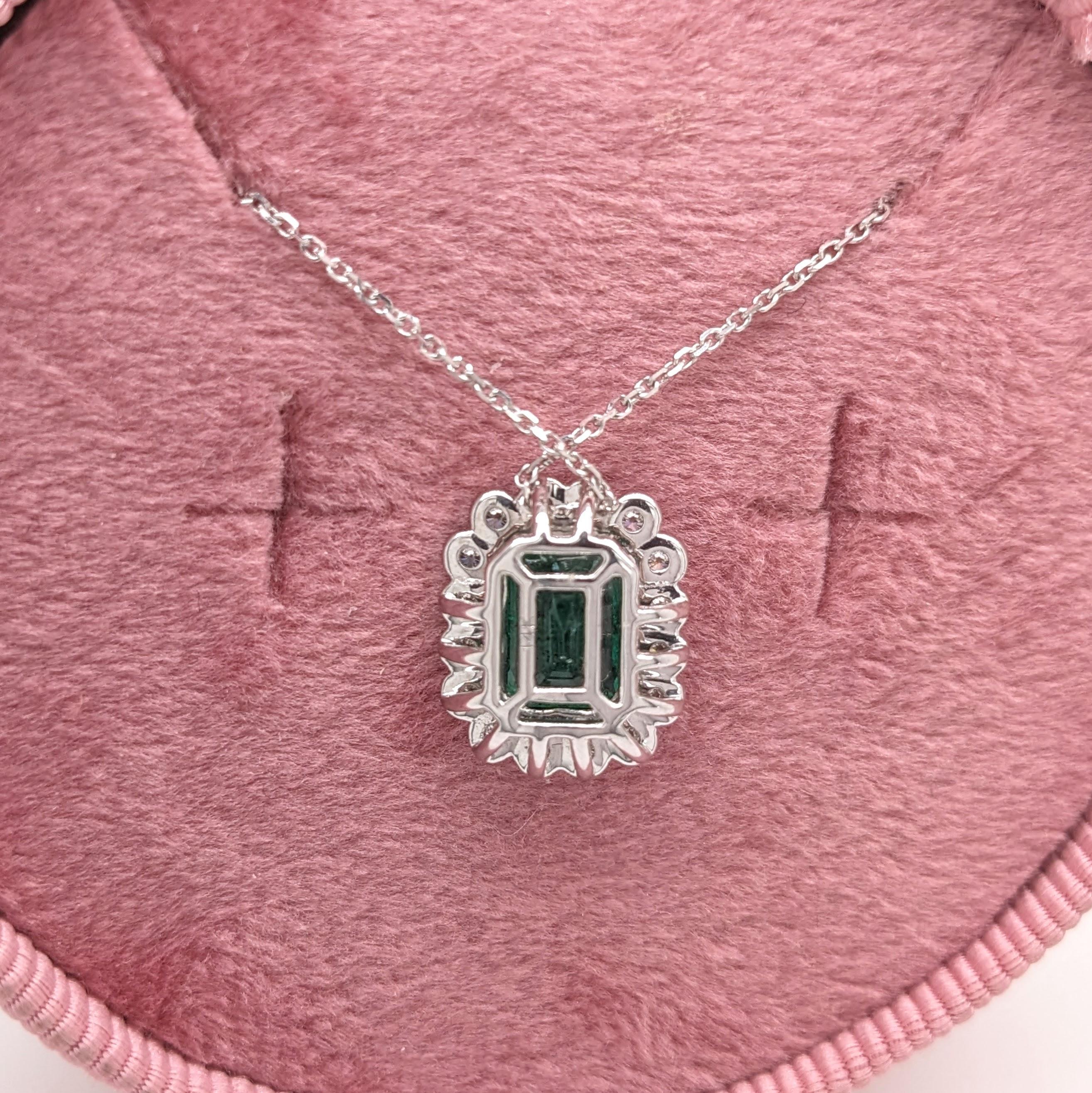 Emerald Cut Emerald Slide Pendant Necklace w Natural Diamonds in Solid 14k White Gold EM 7x5 For Sale
