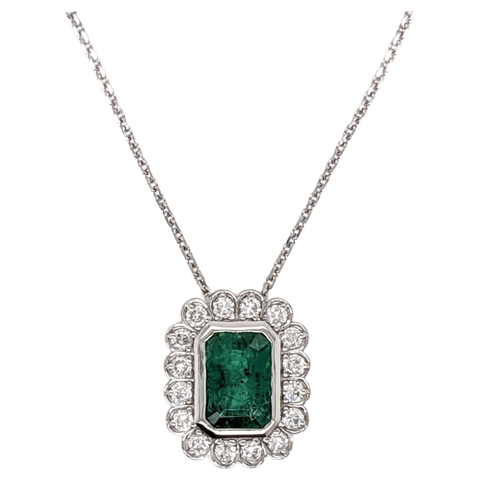 Emerald Slide Pendant Necklace w Natural Diamonds in Solid 14k White Gold EM 7x5
