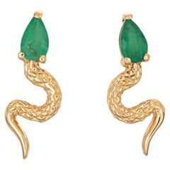 Orecchini a serpente con smeraldi, vintage, in oro giallo 18k, piccoli orecchini a bottone, gioielli a forma di serpente