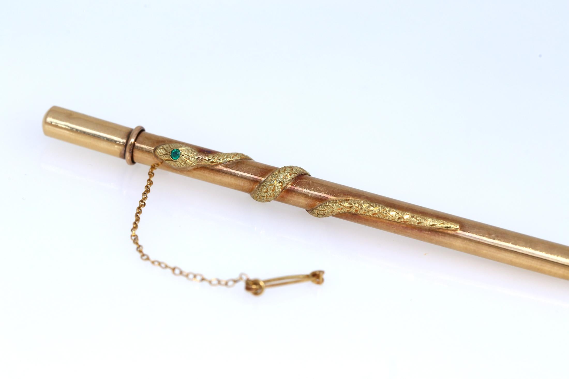 Emerald Cut Emerald Snake Gold Pencil Case Brooch Pin, 1920