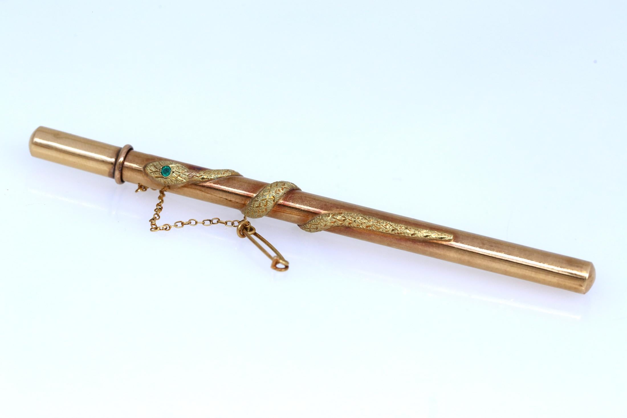 Emerald Snake Gold Pencil Case Brooch Pin, 1920 In Good Condition In Herzelia, Tel Aviv