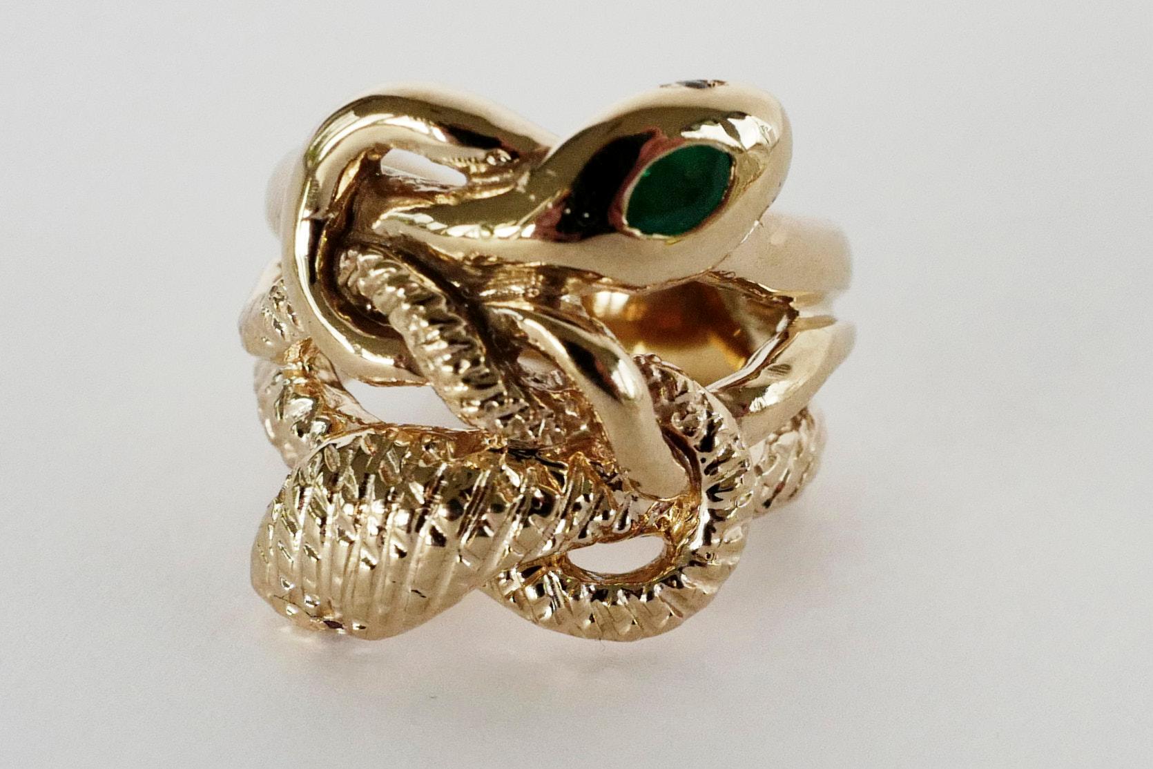 Brilliant Cut Emerald Snake Ring Ruby Aquamarine Eyes Bronze Victorian Style J Dauphin For Sale