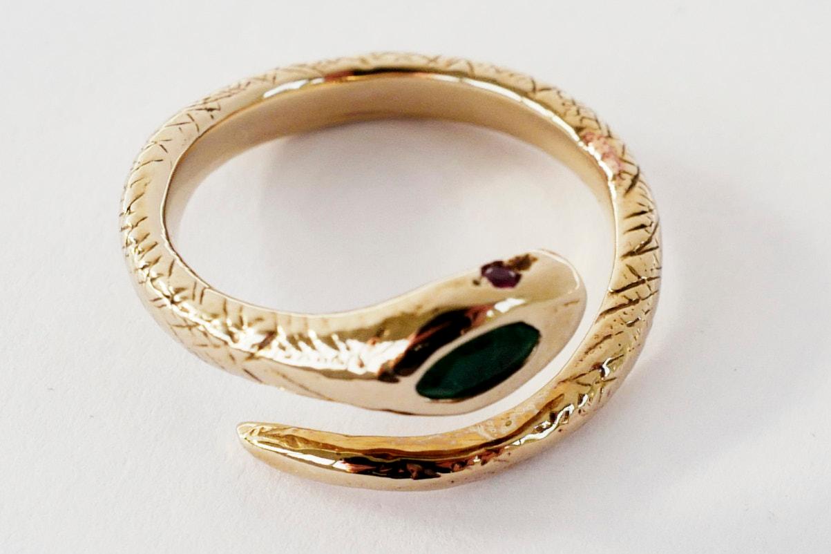 Emerald Snake Ring Ruby Victorian Style Cocktail Bronze Adjustable J Dauphin In New Condition In Los Angeles, CA